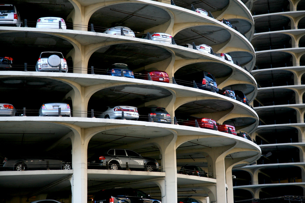 Cars parked on the spiral garage levels of Marina City in Chicago